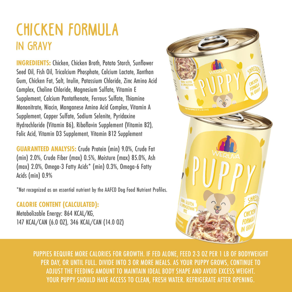Weruva Puppy pollo en salsa, sin gluten ni conservantes para una dieta natural.