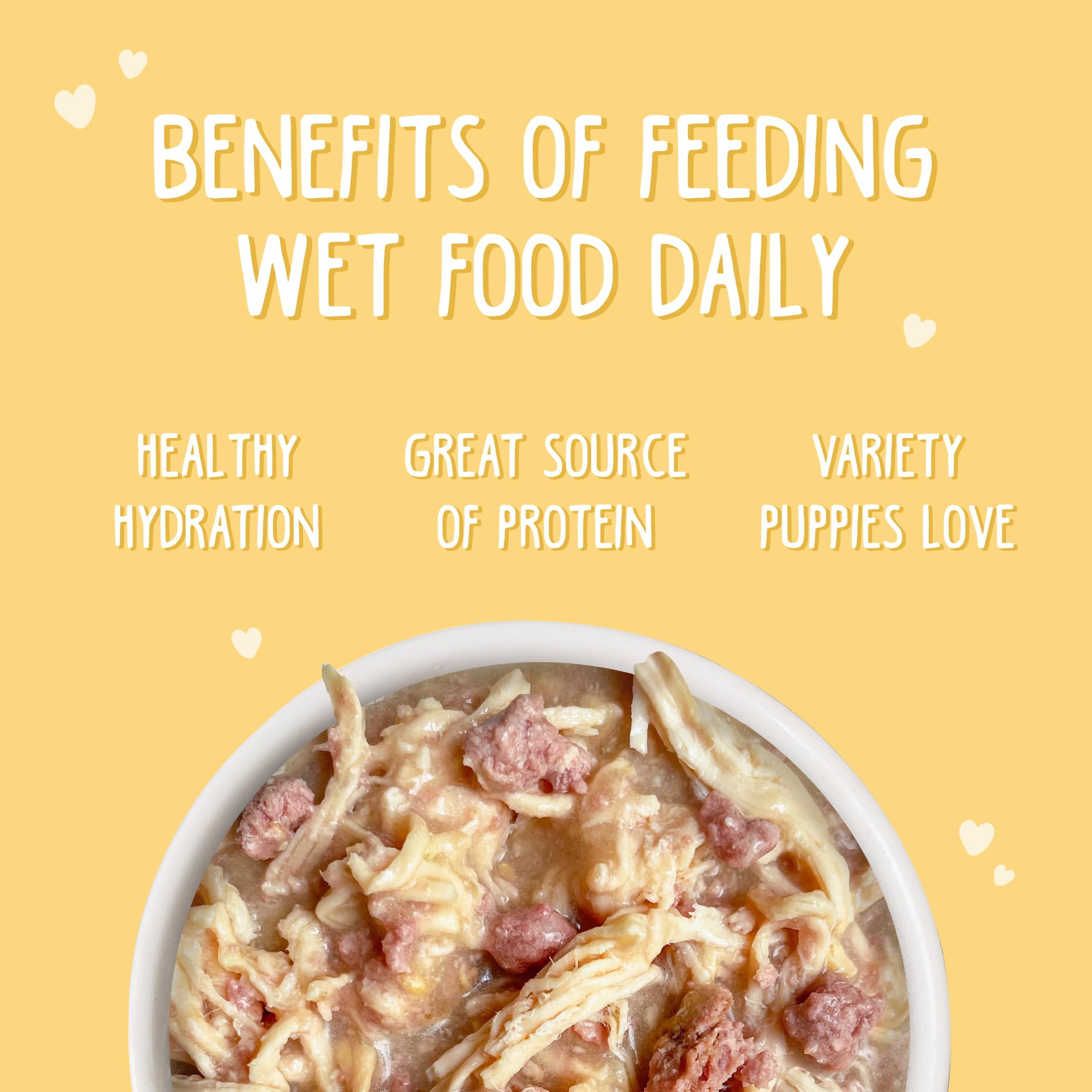 Weruva Puppy pollo en salsa, fuente de omega-3 para desarrollo cerebral y visual.