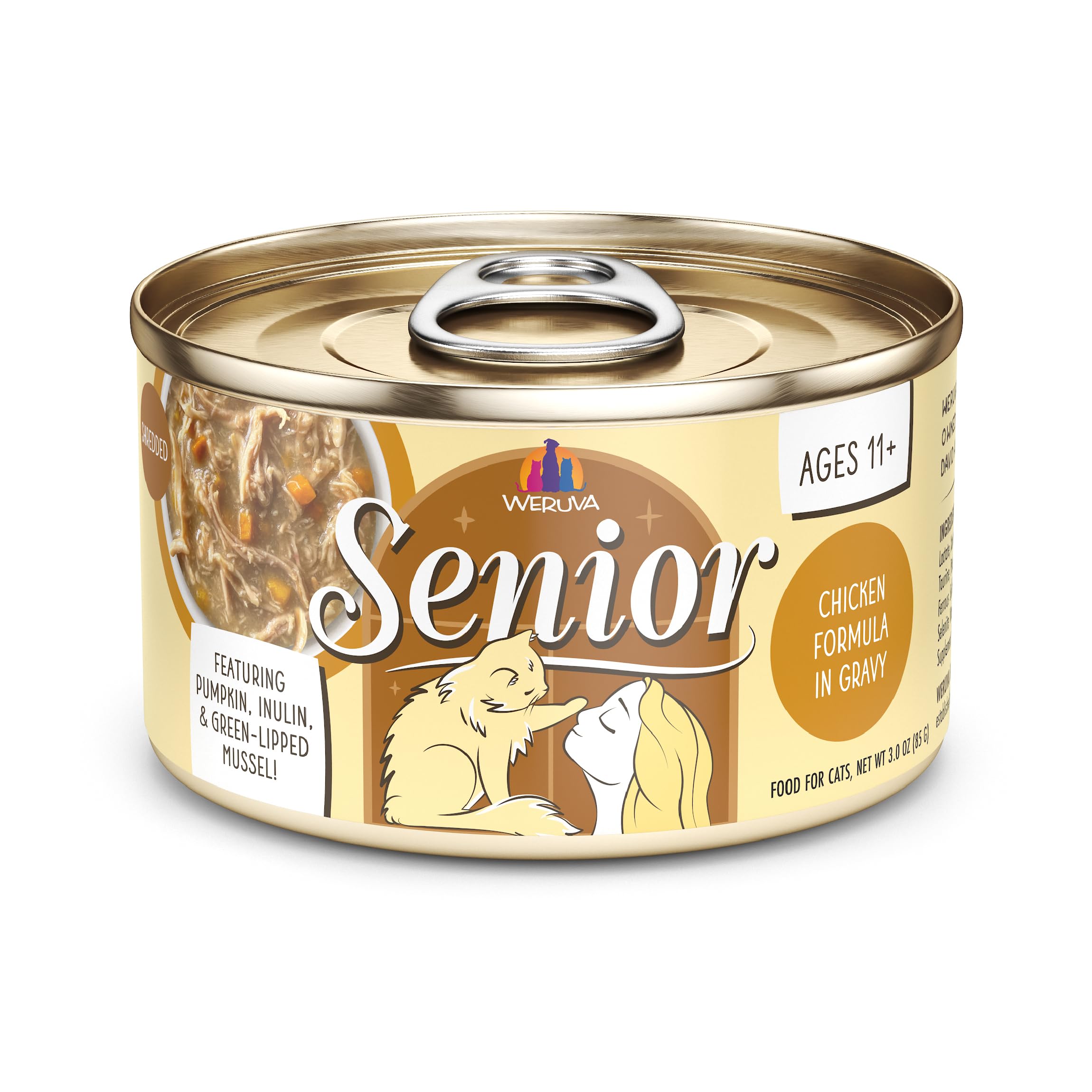 Weruva Senior Gato Pollo en Salsa, lata 3oz, ideal para apetito suave.
