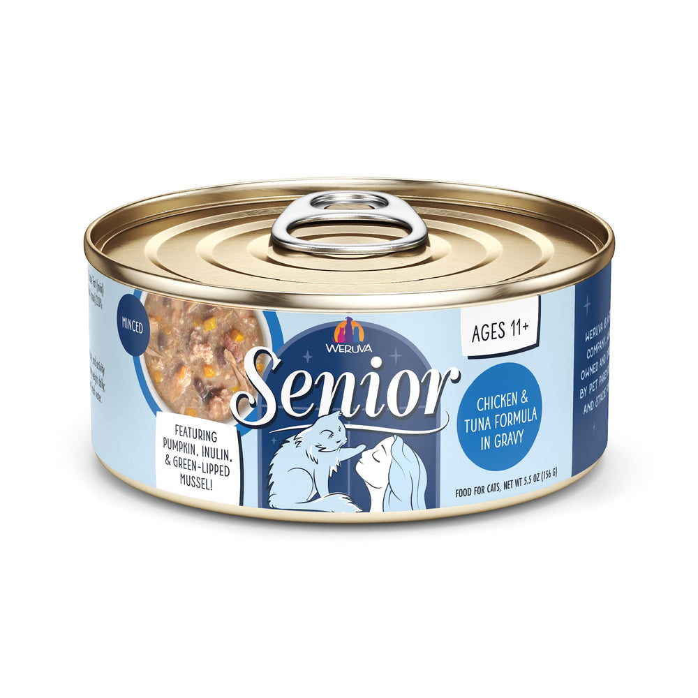 Weruva Senior Gato pollo y atún en salsa, lata, pack de 8 para alimentación diaria.