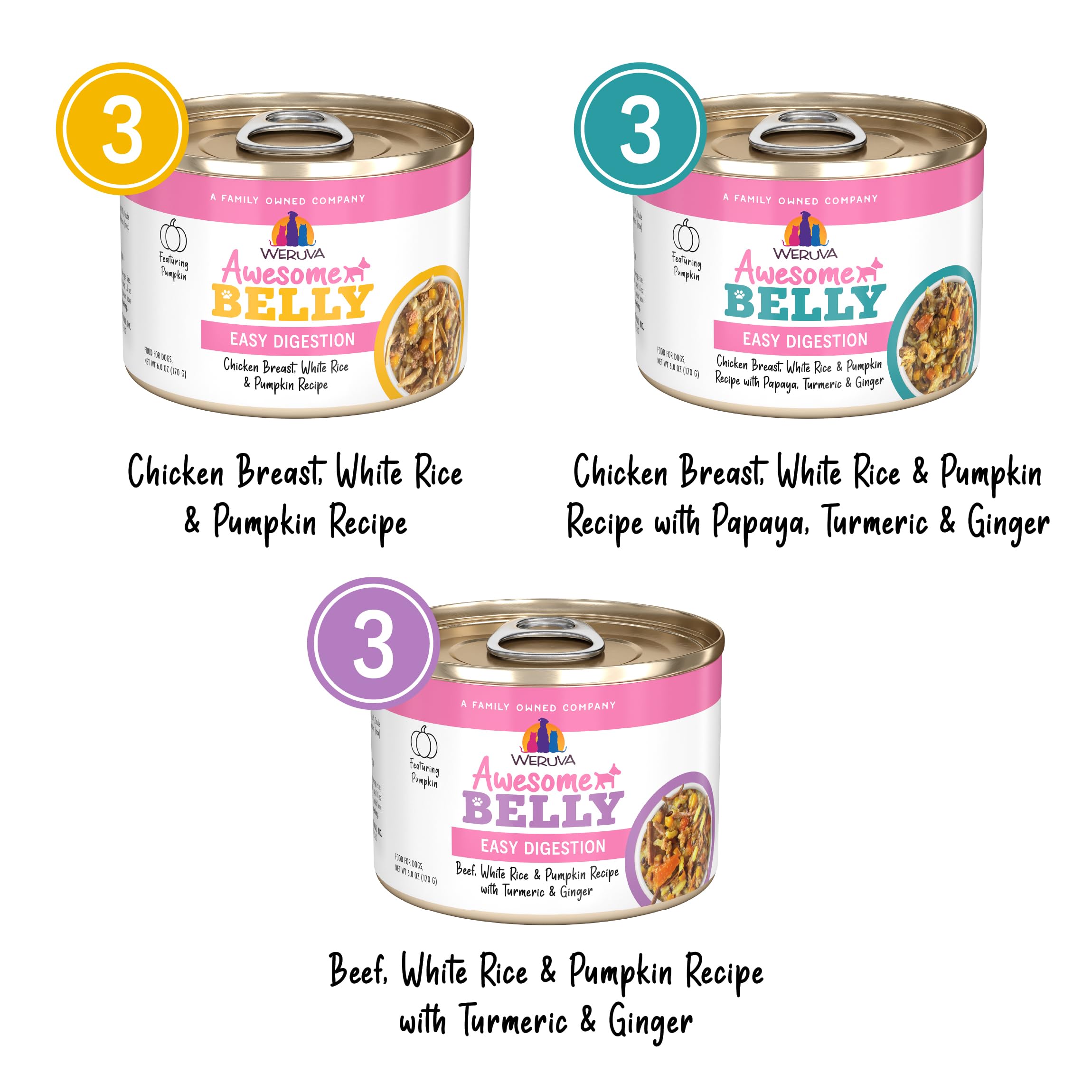Comida Weruva sin granos en lata para perros con digestión sensible.