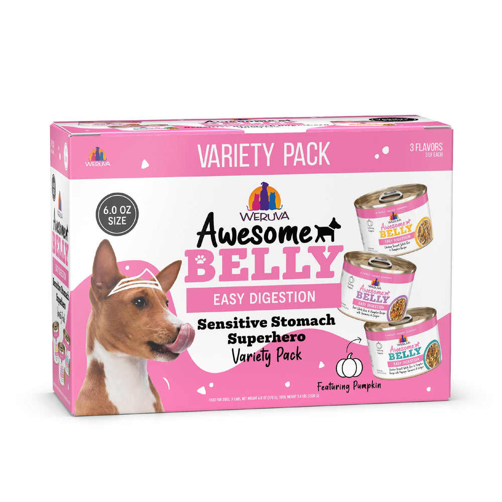 Pack de 9 latas Weruva Vientre Sensible para perros, conveniencia diaria.