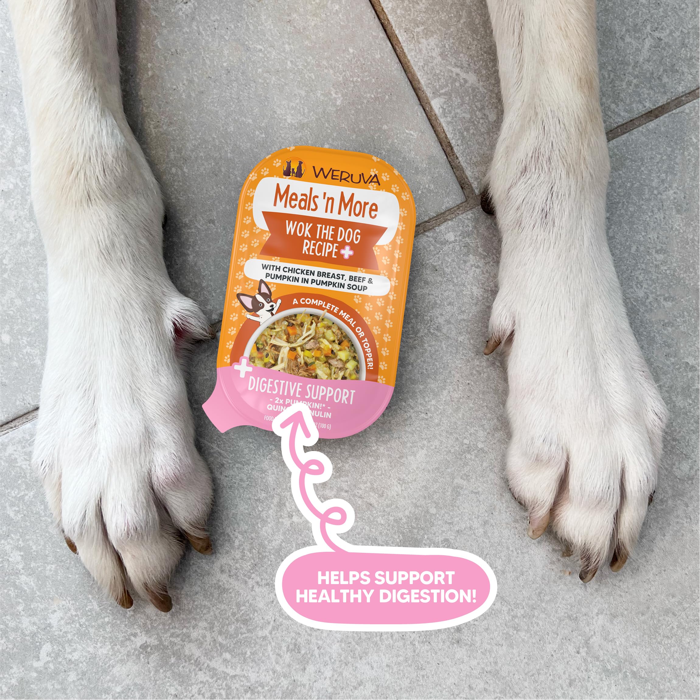 Weruva Wok The Dog Plus Digestive Support, perro disfrutando la comida en casa.