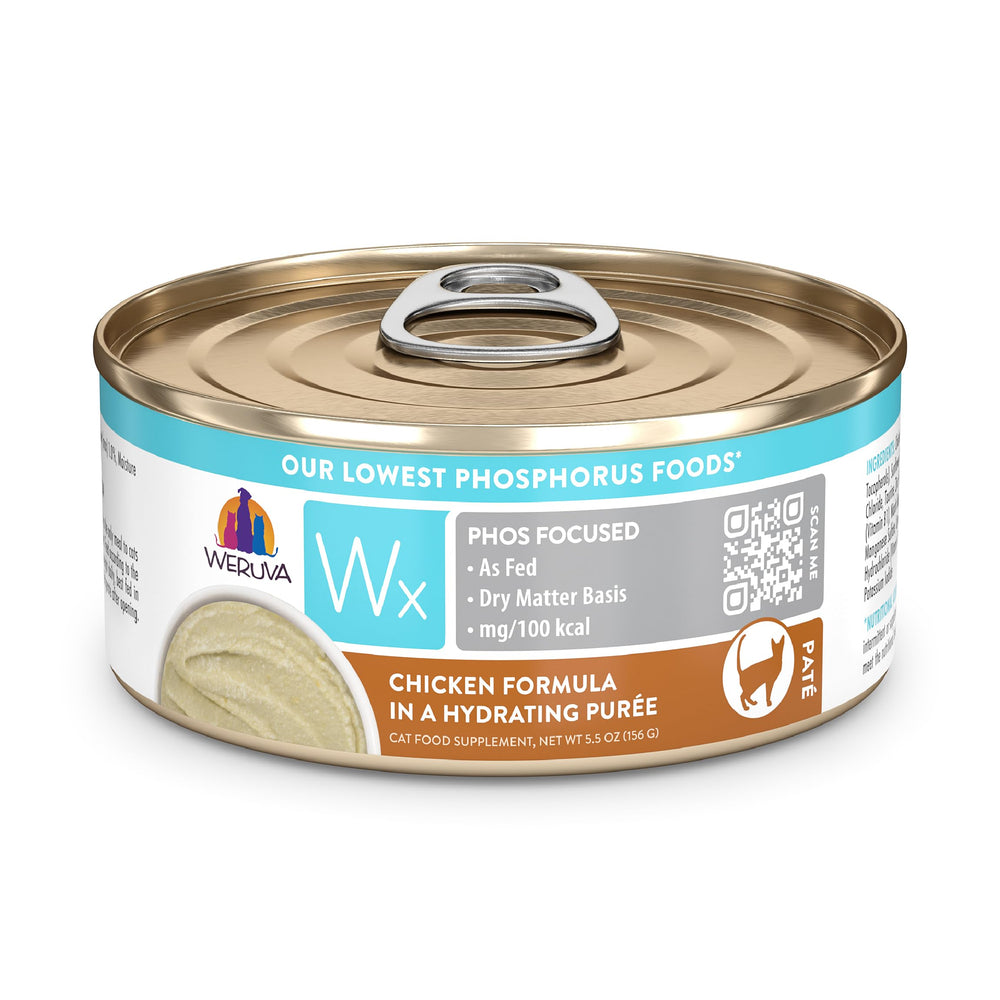 Lata Weruva Wx Phos Focused Chicken Puré para gatos con bajo fósforo.