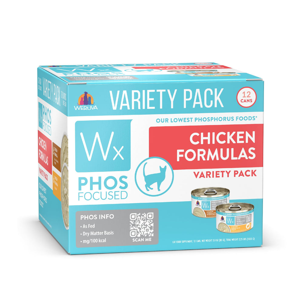 Weruva Wx Phos Focused, lata 3oz frontal, porciones fáciles de servir.