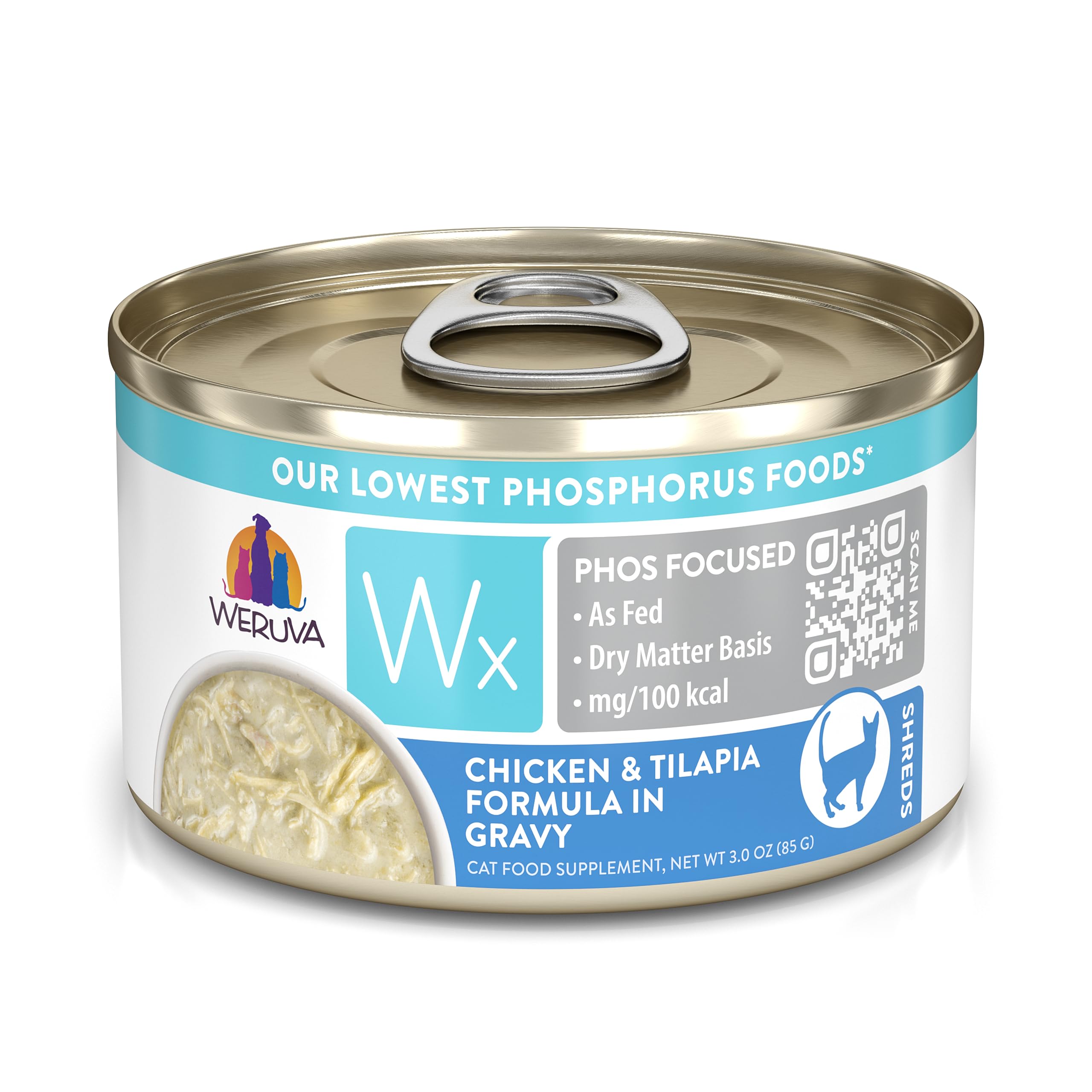 Weruva Wx Phos Focused lata 3oz pollo tilapia en gravy, baja en fósforo