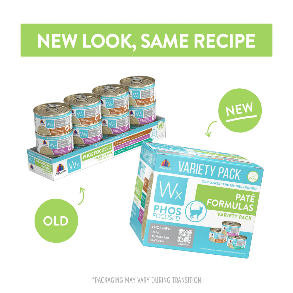 Weruva Wx Phos Focused Paté: variedad de latas, proteína de alta biodisponibilidad para digestión