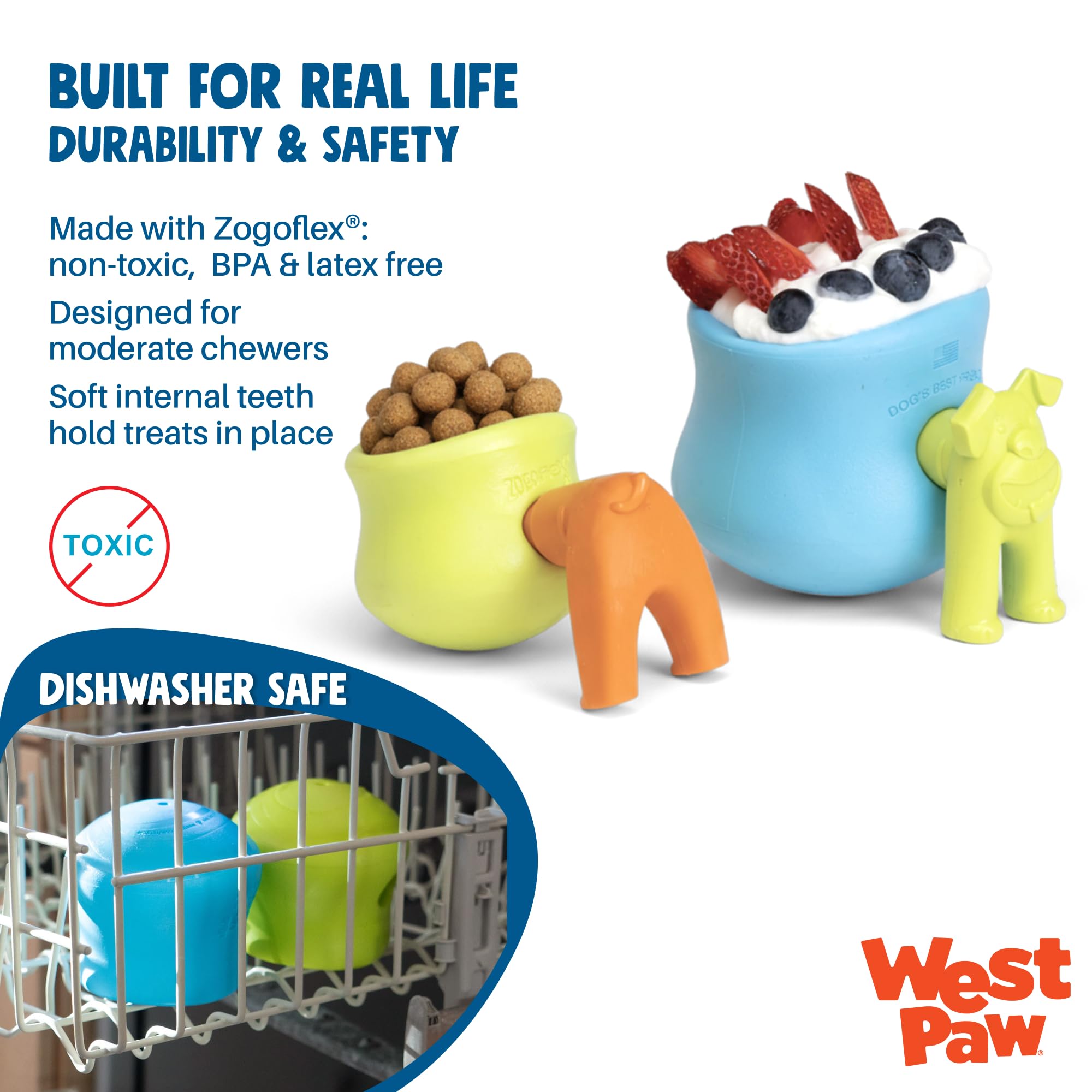 West Paw Zogoflex Toppl dispensador lento, fomenta comer con pausas y enfoque.