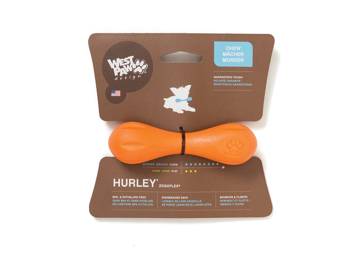 West Paw Hurley, hueso para perro naranja, ideal para juego seguro y masticación duradera.