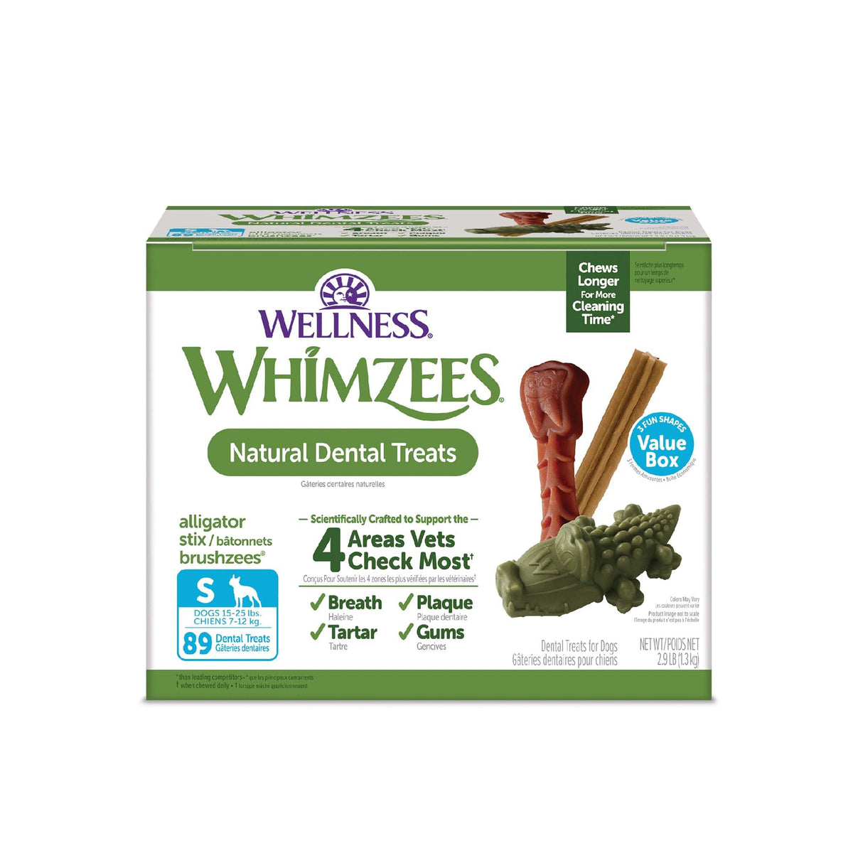Whimzees: caja de premios dentales para perros pequeños, ideal para limpieza diaria.