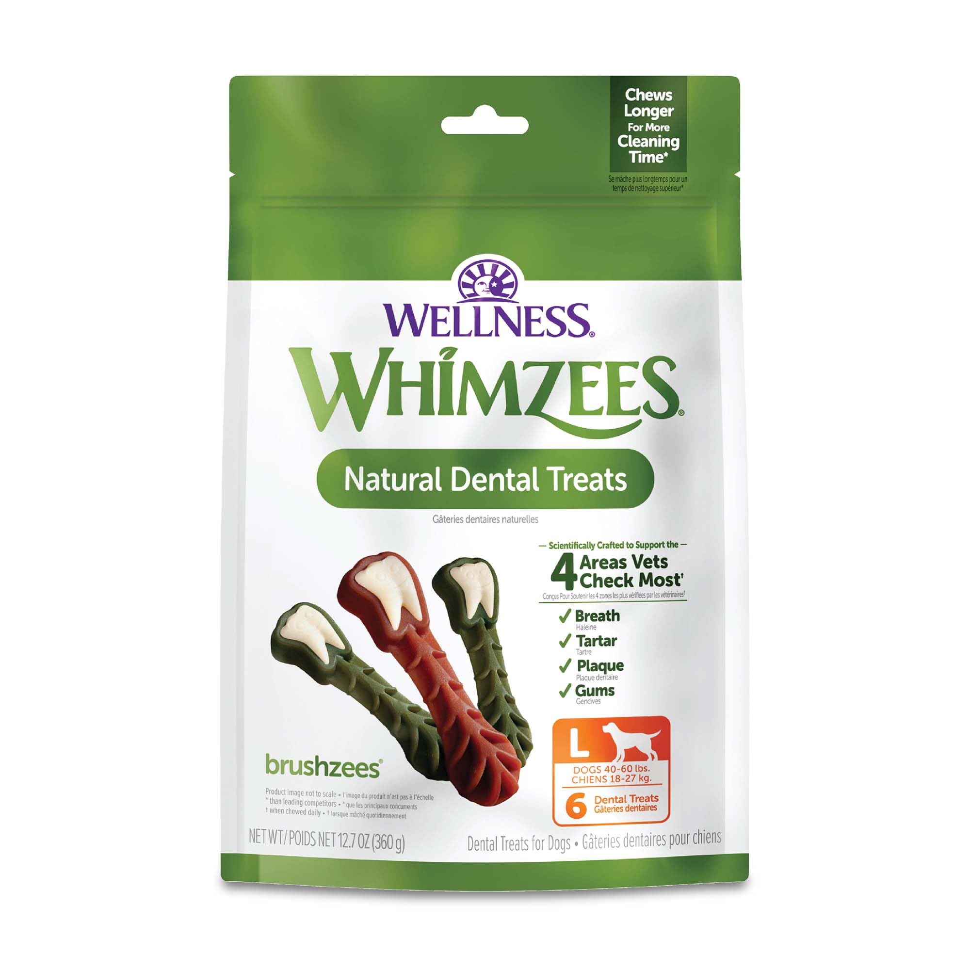 Whimzees Brushzees, hueso dental grande para perros, mejora la limpieza durante la mordida