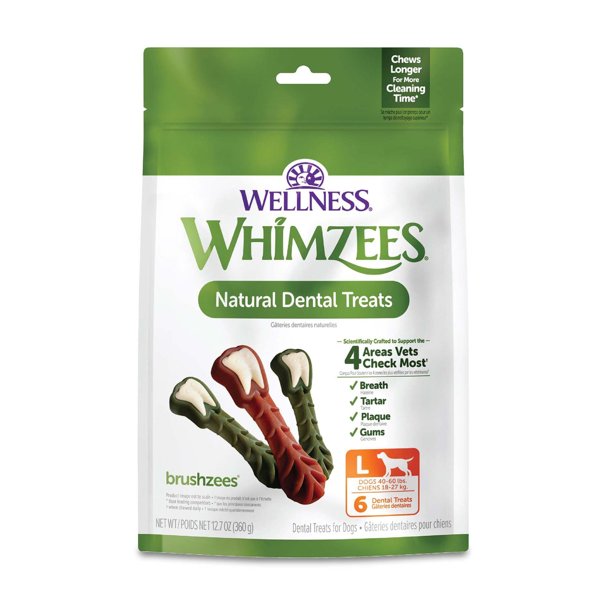 Whimzees Brushzees, hueso dental grande para perros, mejora la limpieza durante la mordida