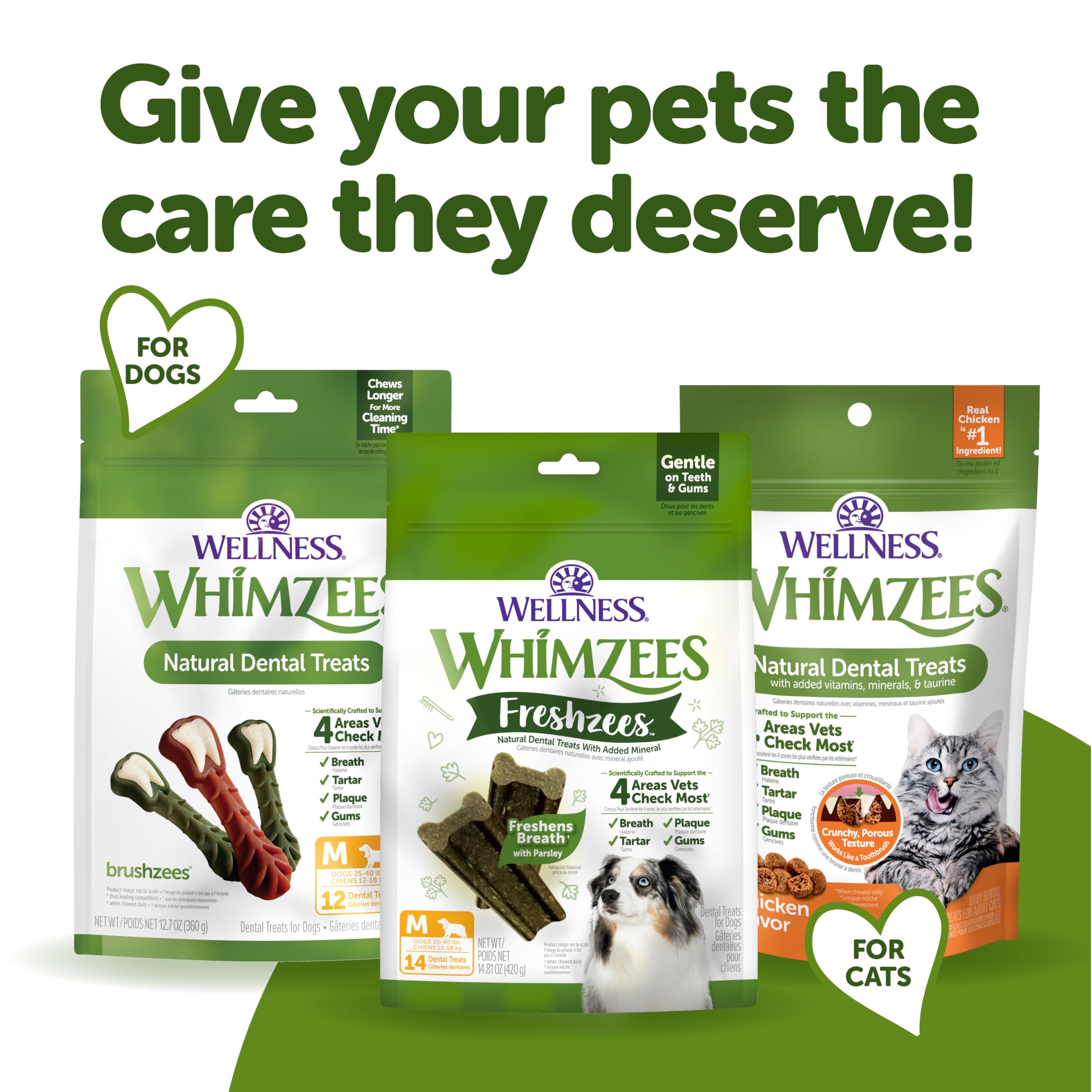 Whimzees Freshzees bag front shows size and weight.