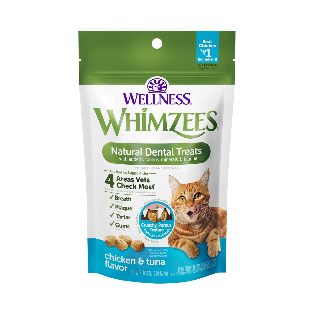 Whimzees Gato bocado dental pollo, ayuda a mejorar el aliento y limpieza bucal.