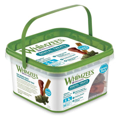 Whimzees Wellness para perros pequeños, masticables dentales que limpian dientes y refrescan el aliento.