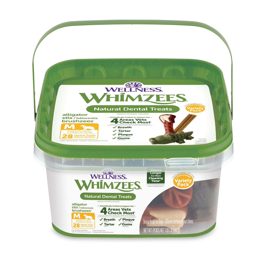Whimzees variedad bienestar dental mediano, 28 unidades para limpieza diaria.