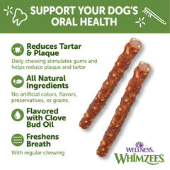 Whimzees Wellness Salchicha Vegetal, masticación prolongada para mayor limpieza bucal.