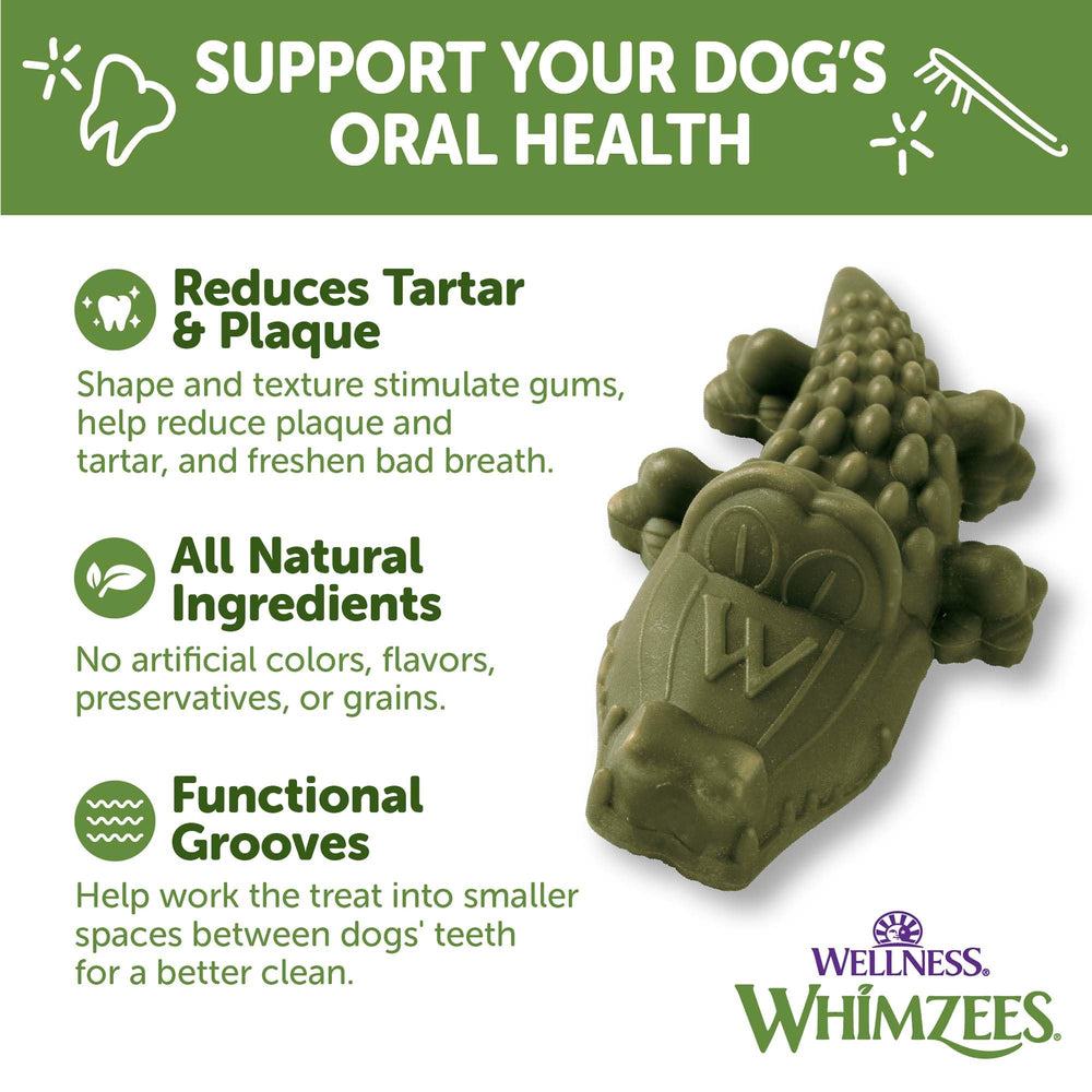 Whimzees Wellness Alligator, ingredientes naturales, opción sin colorantes ni conservantes.