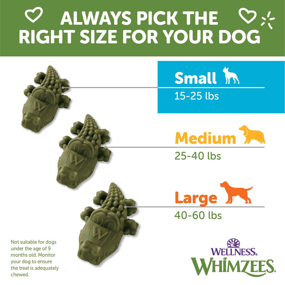 Whimzees Wellness Alligator, masticación prolongada, ayuda a una limpieza más extensa.
