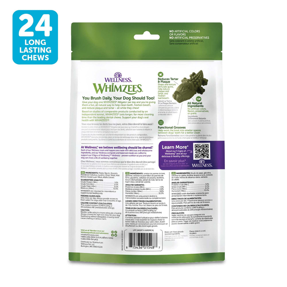 Whimzees Wellness Alligator, para perros pequeños, entretenimiento seguro durante la limpieza bucal.