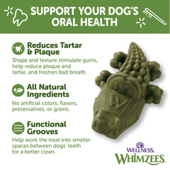 Whimzees Wellness Alligator, textura con ranuras para limpieza entre dientes.