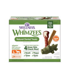 Whimzees Wellness en caja frontal, premio dental para perros para higiene bucal diaria