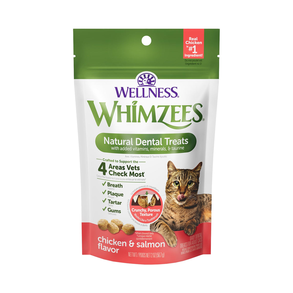 Whimzees Wellness para gatos, bolsa de 2 onzas, textura crujiente que ayuda al cuidado dental.