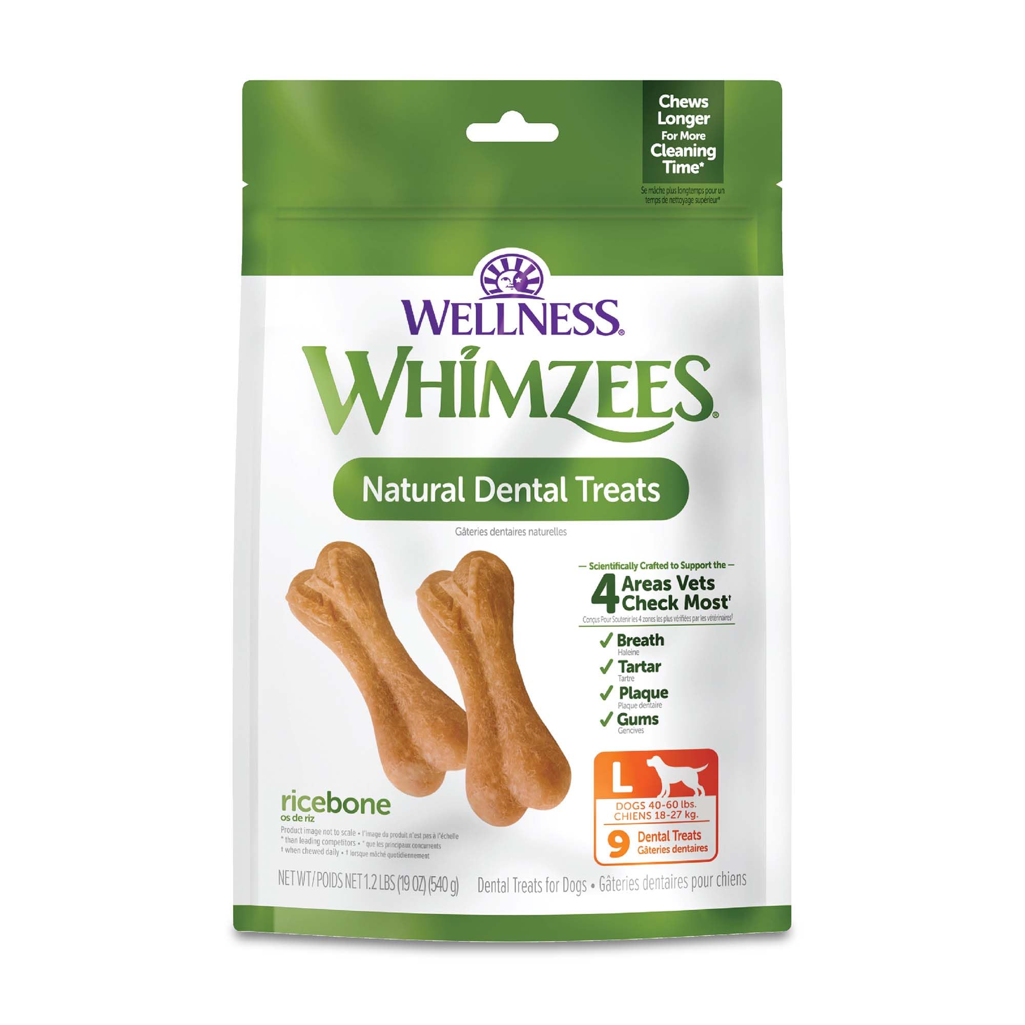 Whimzees Wellness Ricebone en empaque práctico para guardar y alimentar.