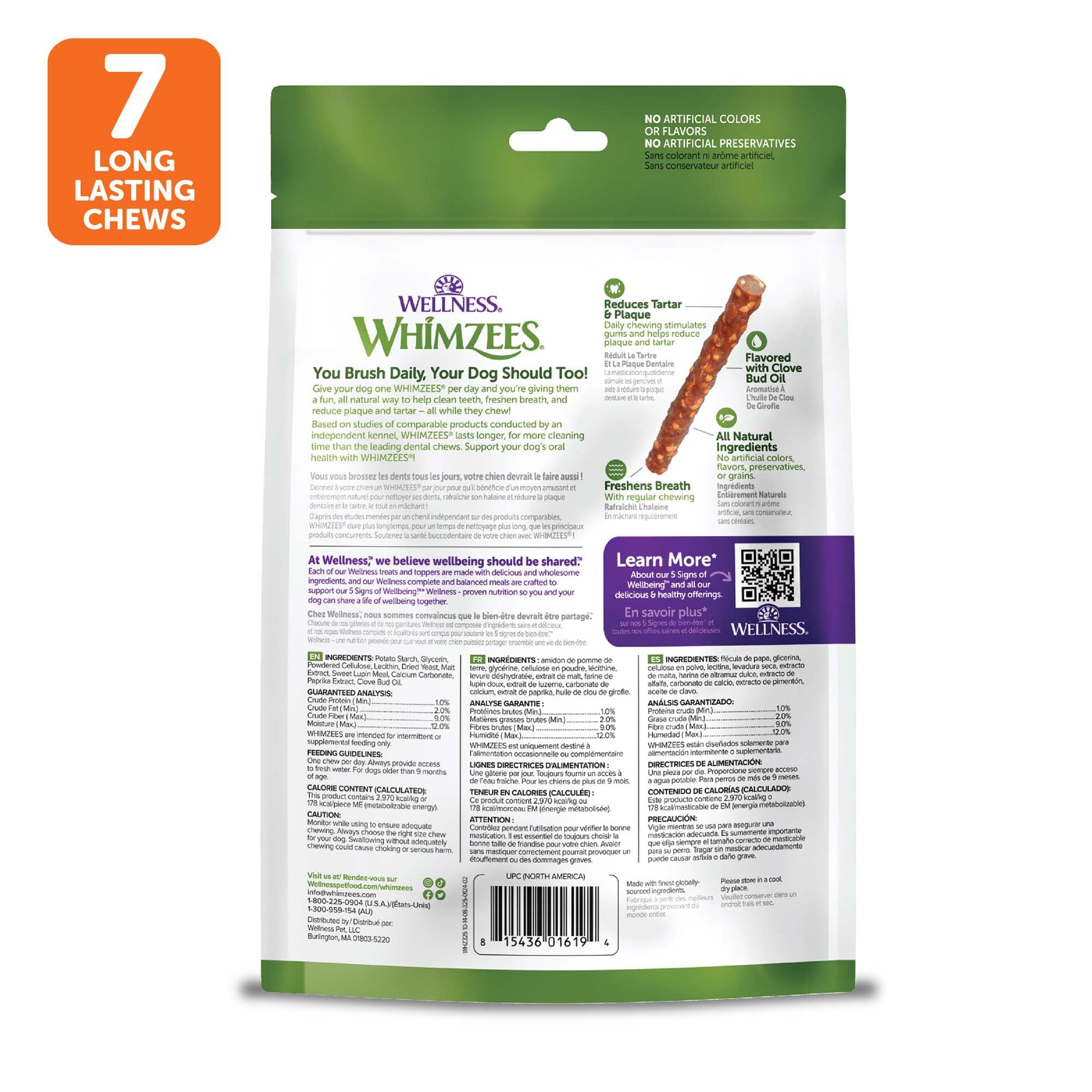 Whimzees Wellness Salchicha Vegetal, útil para rutina diaria de cepillado sin esfuerzo.