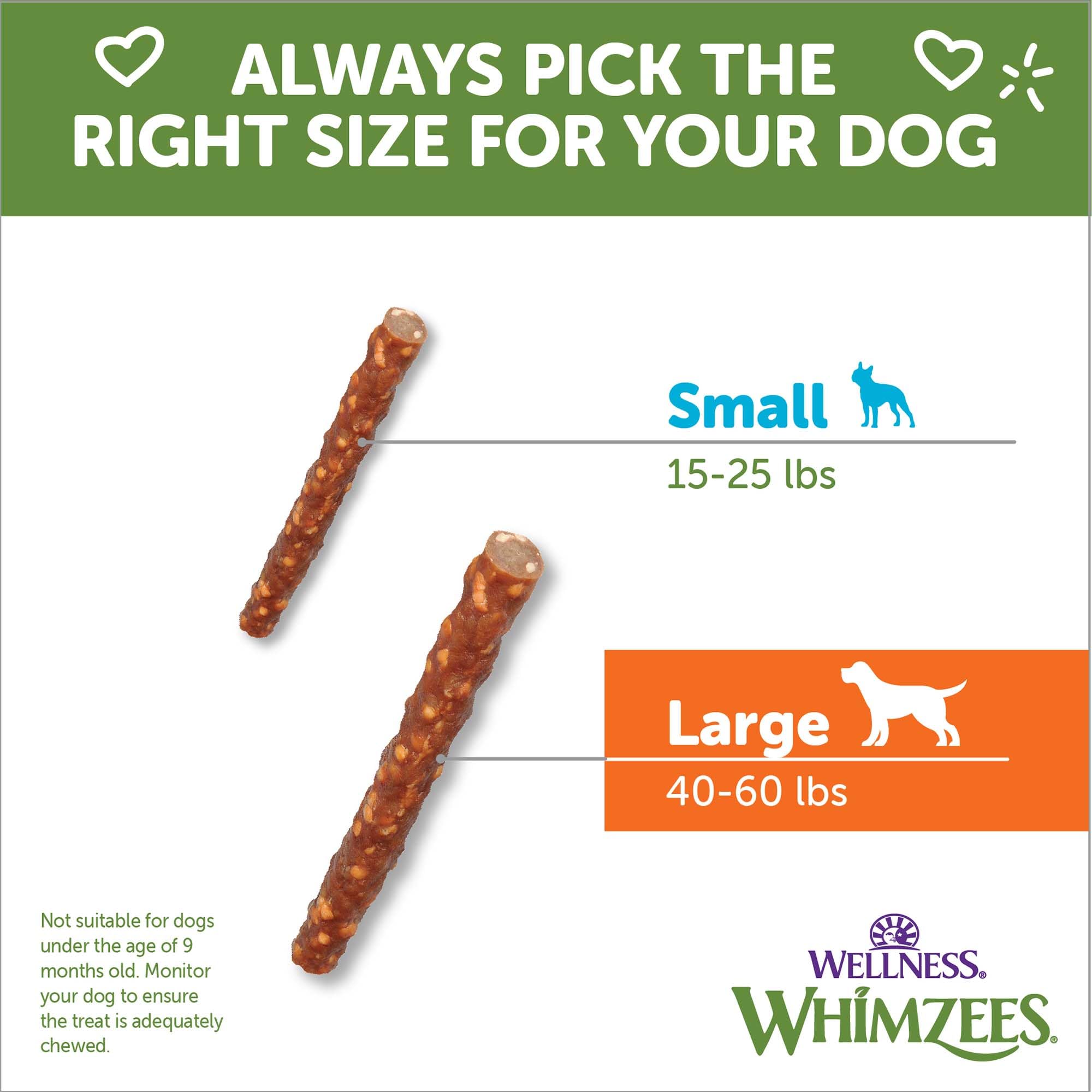 Whimzees Wellness Salchicha Vegetal, sabor suave que agrada a perros grandes.