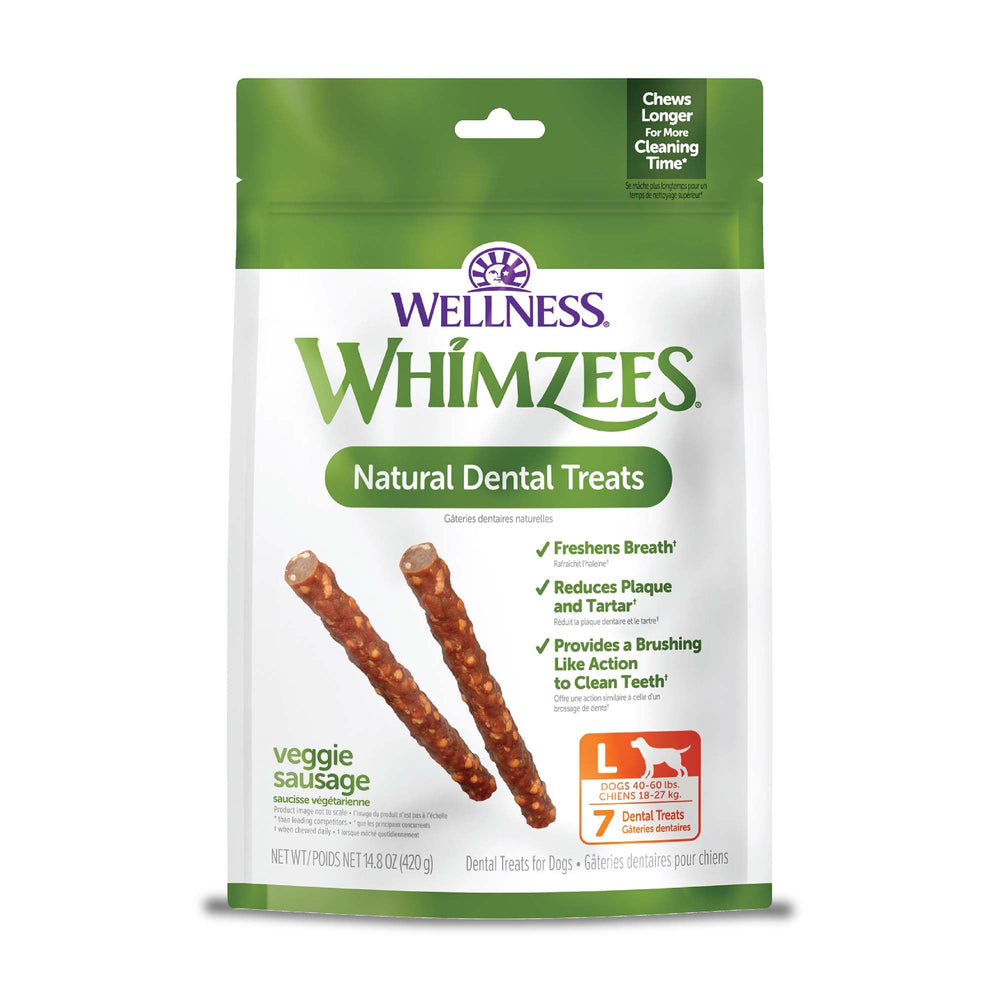 Whimzees Wellness Salchicha Vegetal para perro, masticación dental natural para limpieza diaria.