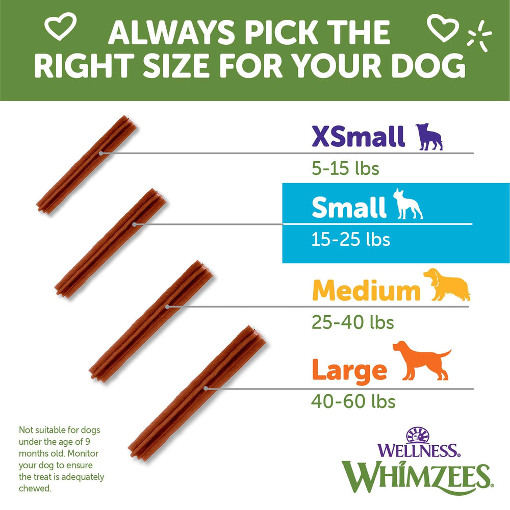 Whimzees Wellness Stix tamaño pequeño, adecuado para perros de 7–11 kg.