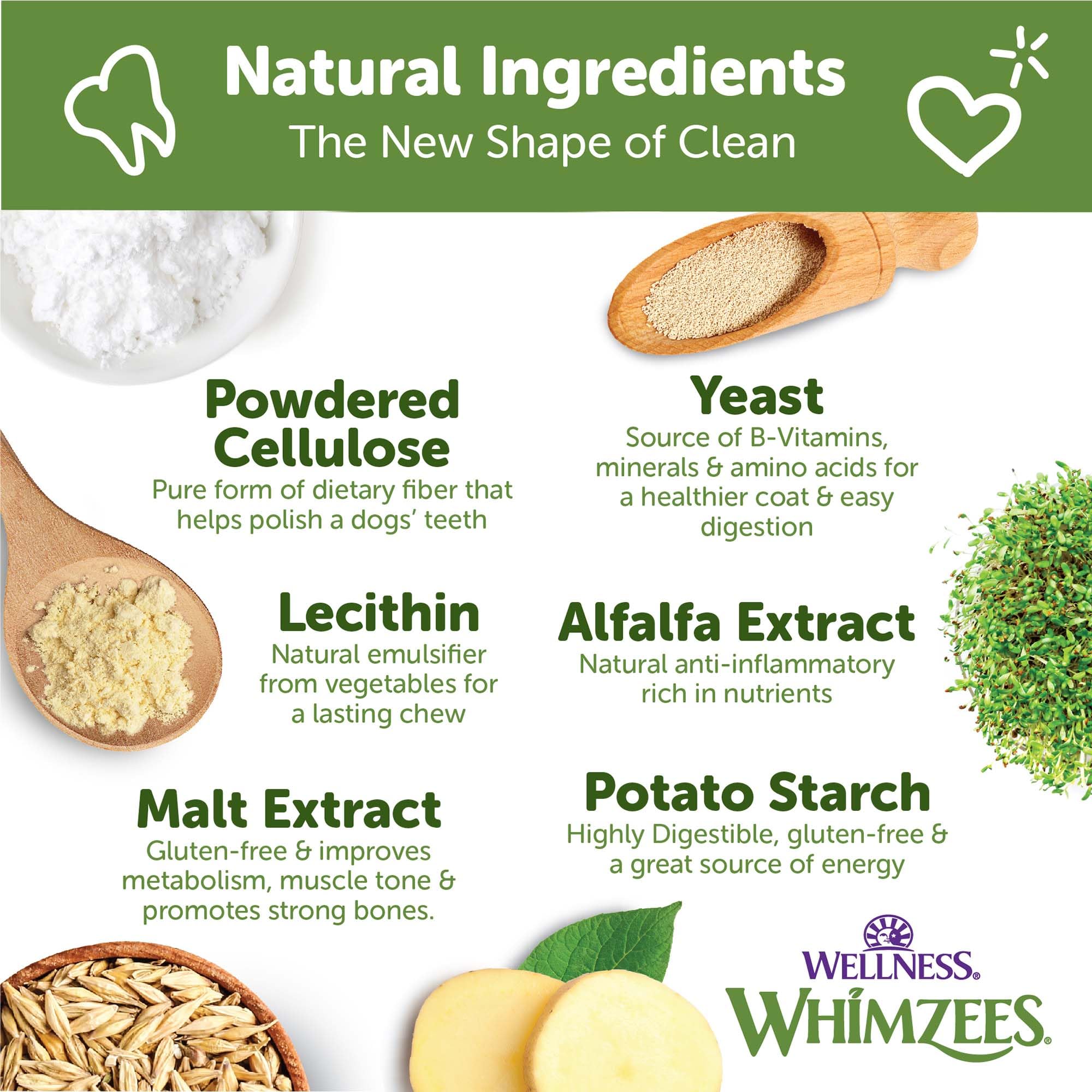 Whimzees Wellness Stix; textura de masticación natural promueve limpieza dental suave.