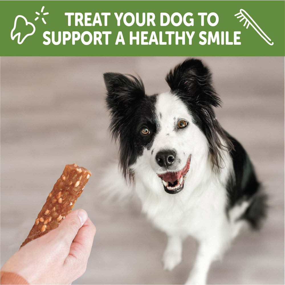 Whimzees Wellness Veggie Strip es un bocadito sabroso que cuida dientes.