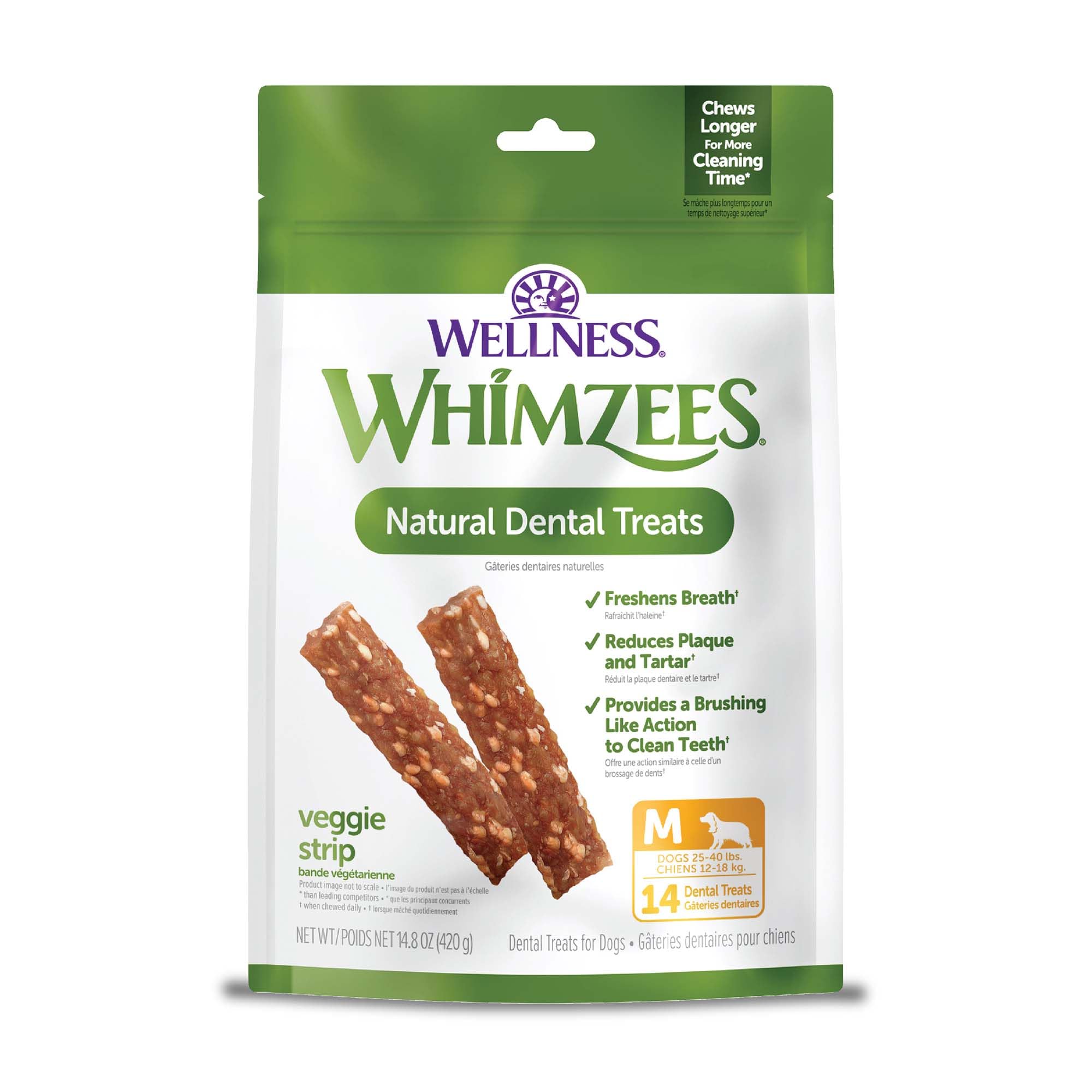 Whimzees Wellness Veggie Strip: premio dental para perro mediano de 14 unidades.