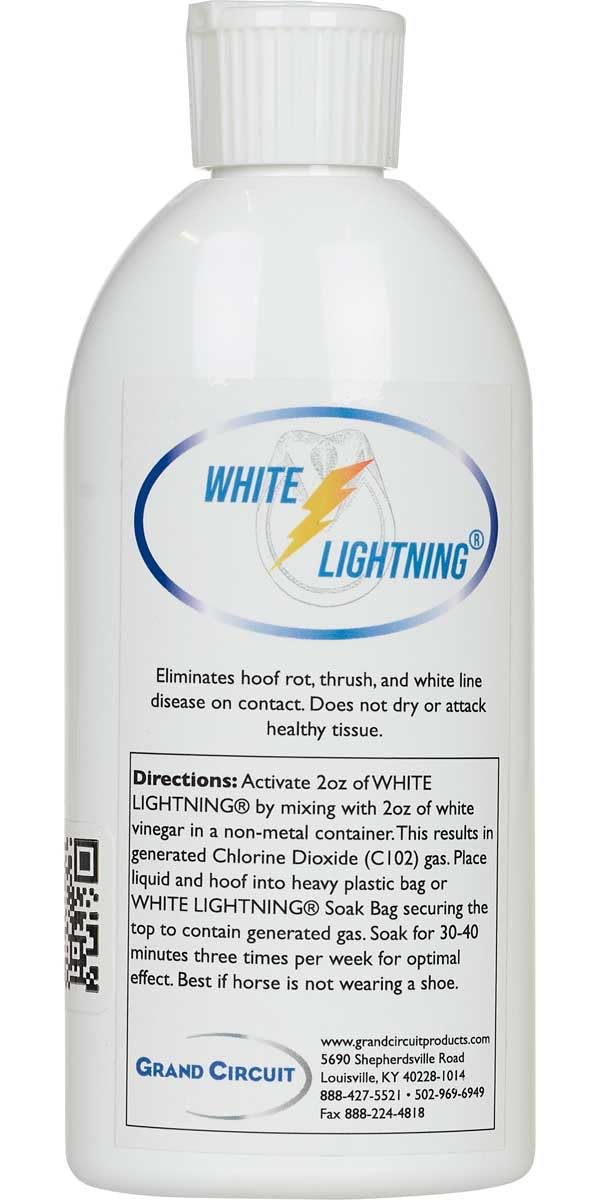 White Lightning Hoof Liquid 8 onzas, frasco claro, ayuda potencial en higiene de cascos y cuidado de herraduras.
