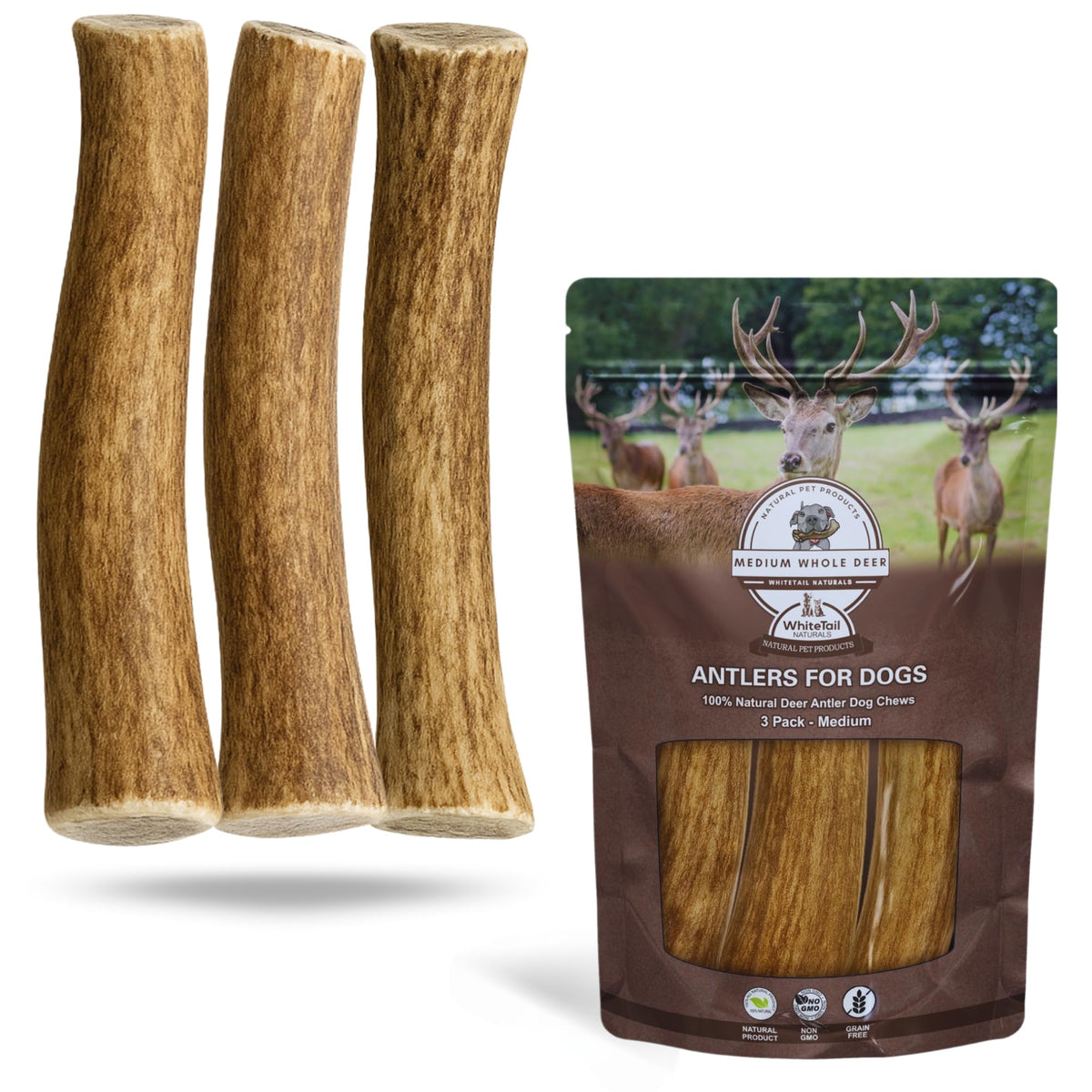 Whitetail Naturals cuernos de ciervo para perros, tres piezas medianas para masticación duradera
