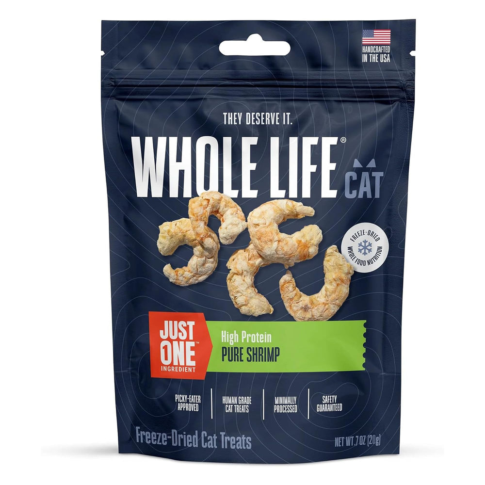 Whole Life Pet: camarón desecado en empaque, snack proteico para gatos.