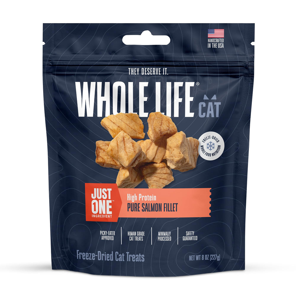 Golosinas de salmón liofilizado Whole Life Cat Just One Salmon, trozos para premiar.