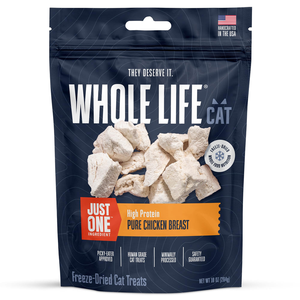 Premio para gatos de Whole Life Pet, solo pollo, snack sabroso y proteico.