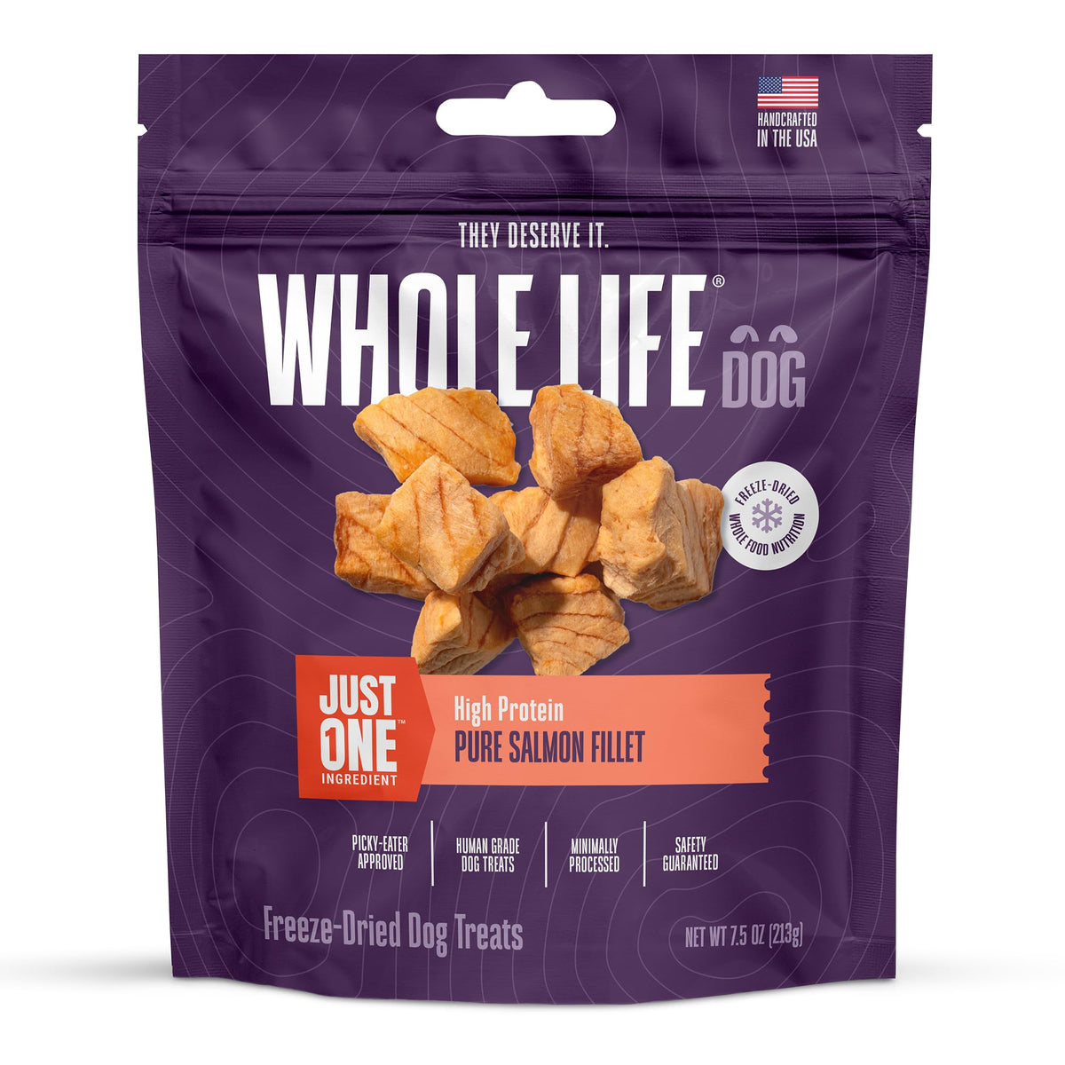 Golosinas deshidratadas Whole Life de salmón en empaque, ideales para entrenamiento diario.