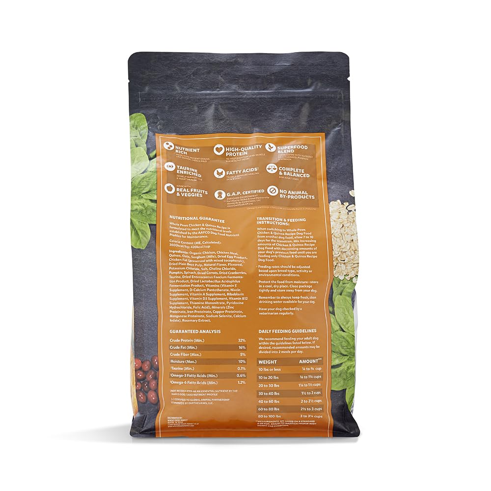Whole Paws: bolsa de pienso para perros pollo y quinoa, sabor natural y nutrición.