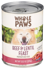 Whole Paws comida húmeda de res y lentejas en plato, sabor natural para perros activos.