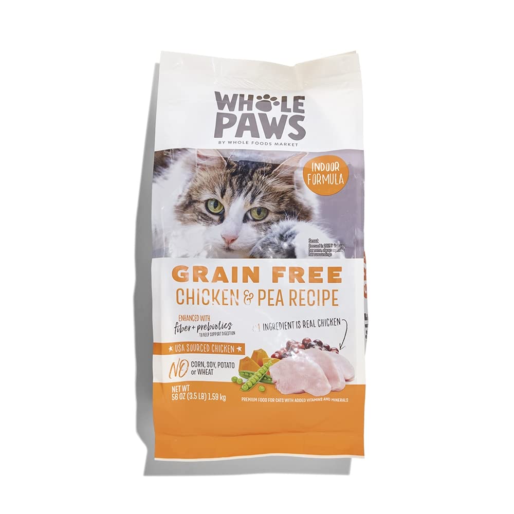 Whole Paws grain-free dry cat food chicken and pea kibble for sensitive tummies.