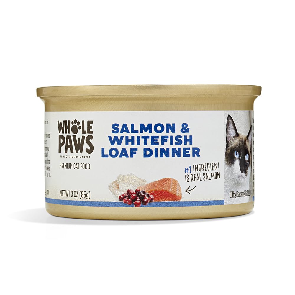 Lata Whole Paws con salmón y pescado blanco, sabor atractivo para gatos.