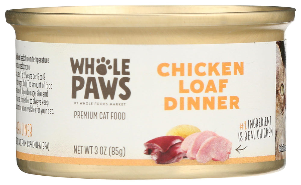 Whole Paws paté de pollo para gatos, textura suave para comer fácilmente.