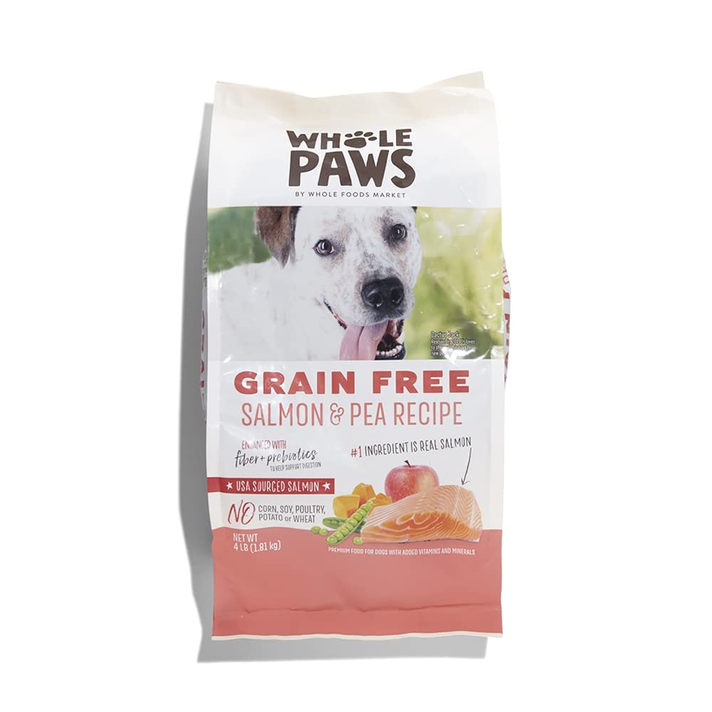 Whole Paws salmón sin granos e ingredientes clave para una dieta equilibrada.