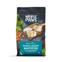 Whole Paws comida seca para perros con pescado blanco y apoyo digestivo gracias a fibra y prebióticos.