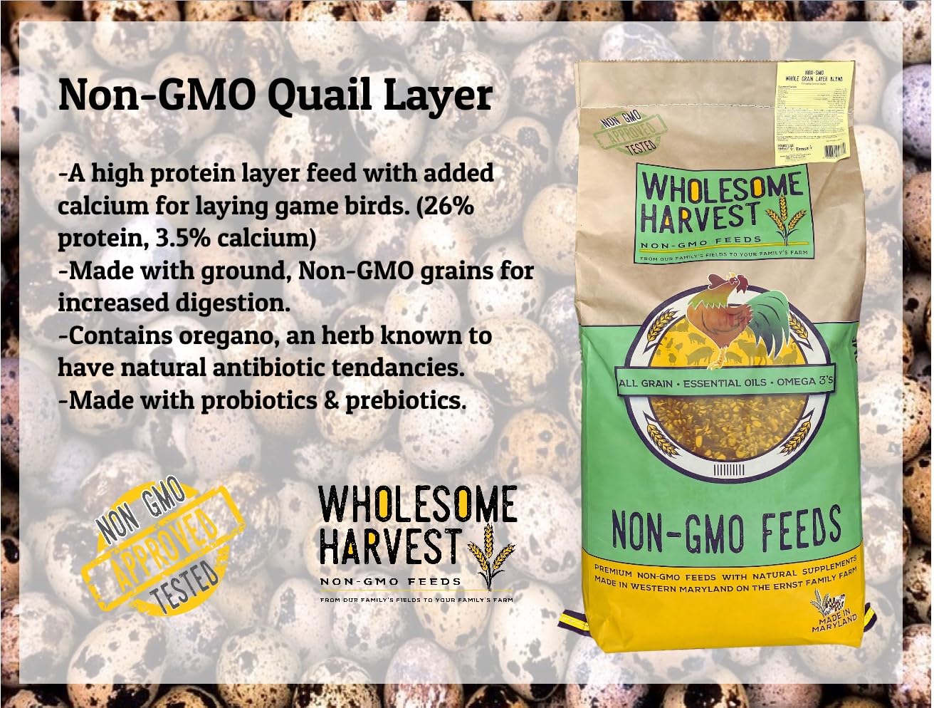 Wholesome Harvest Quail Layer Feed contiene algas marinas para nutrición completa