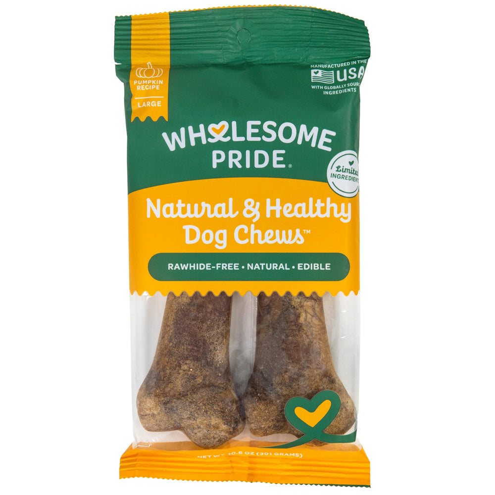 Wholesome Pride calabaza masticables frente: snack natural para perros grandes.